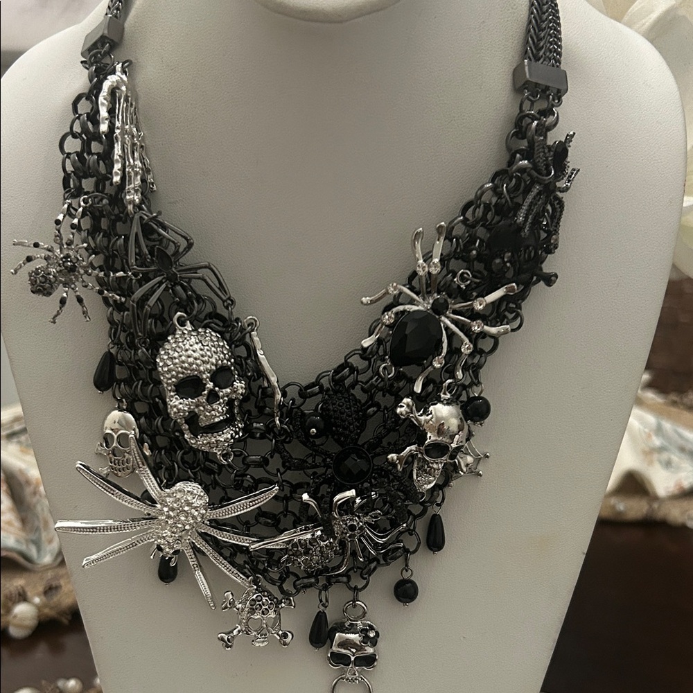 Natasha Couture Black and Silver Skull Spider Necklace